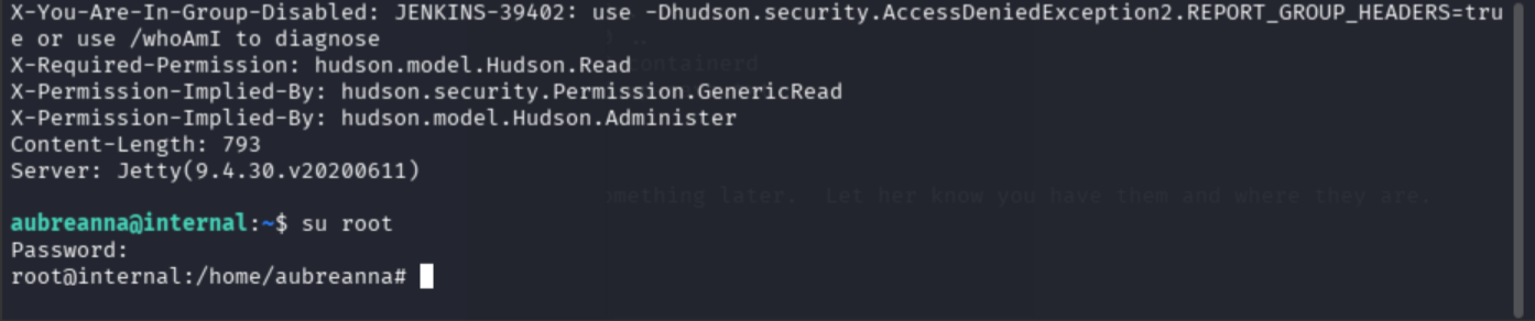 su root in the aubreanna SSH session accepting the root password from /opt/note.txt